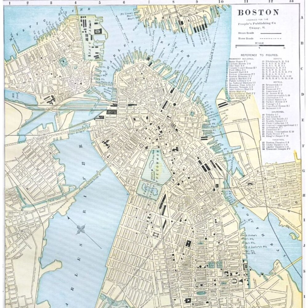1895 Boston Massachusetts City Map Victorian Antique Geography History DWYY10A